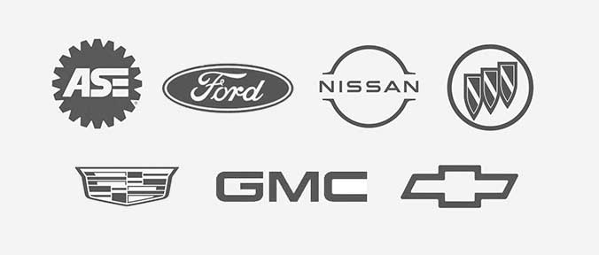 Certified Automotive Repair Logos for ASE, Ford, Nissan, Buick, Cadillac, GMC, Chevy
